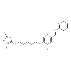 ChemSpider 2D Image | 5-({5-[(2,5-Dimethyl-3-furyl)sulfanyl]pentyl}oxy)-2-[(tetrahydro-2H-pyran-2-yloxy)methyl]-4H-pyran-4-one | C22H30O6S