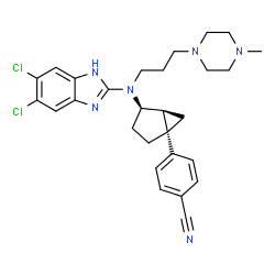 ChemSpider 2D Image | 4-[(1S,4R,5S)-4-{(5,6-Dichloro-1H-benzimidazol-2-yl)[3-(4-methyl-1-piperazinyl)propyl]amino}bicyclo[3.1.0]hex-1-yl]benzonitrile | C28H32Cl2N6