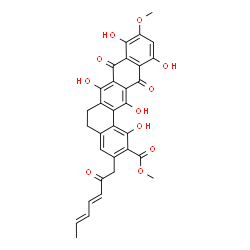ChemSpider 2D Image | Methyl 1,7,9,12,14-pentahydroxy-10-methoxy-8,13-dioxo-3-[(3E,5E)-2-oxo-3,5-heptadien-1-yl]-5,6,8,13-tetrahydrobenzo[a]tetracene-2-carboxylate | C32H26O11