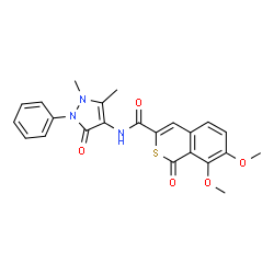 ChemSpider 2D Image | N-(1,5-Dimethyl-3-oxo-2-phenyl-2,3-dihydro-1H-pyrazol-4-yl)-7,8-dimethoxy-1-oxo-1H-isothiochromene-3-carboxamide | C23H21N3O5S