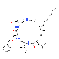 ChemSpider 2D Image | (6S,9S,12S,15S,18R,19R)-9-[(Benzyloxy)methyl]-12-[(2R)-2-butanyl]-6-[(1S)-1-hydroxyethyl]-15-isobutyl-16,18-dimethyl-19-octyl-1-oxa-4,7,10,13,16-pentaazacyclononadecane-2,5,8,11,14,17-hexone | C41H67N5O9