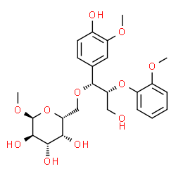 ChemSpider 2D Image | Methyl 6-O-[(1R,2R)-3-hydroxy-1-(4-hydroxy-3-methoxyphenyl)-2-(2-methoxyphenoxy)propyl]-alpha-D-galactopyranoside | C24H32O11