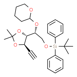 ChemSpider 2D Image | 1,2-Dideoxy-3,4-O-isopropylidene-6-O-[(2-methyl-2-propanyl)(diphenyl)silyl]-5-O-(tetrahydro-2H-pyran-2-yl)-D-arabino-hex-1-ynitol | C30H40O5Si