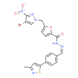 ChemSpider 2D Image | 5-[(4-Bromo-3-nitro-1H-pyrazol-1-yl)methyl]-N'-{(Z)-[4-(3-methyl-1,2-thiazol-5-yl)phenyl]methylene}-2-furohydrazide | C20H15BrN6O4S