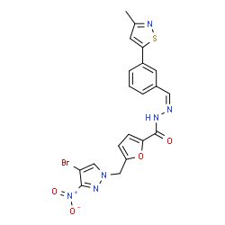 ChemSpider 2D Image | 5-[(4-Bromo-3-nitro-1H-pyrazol-1-yl)methyl]-N'-{(Z)-[3-(3-methyl-1,2-thiazol-5-yl)phenyl]methylene}-2-furohydrazide | C20H15BrN6O4S