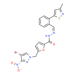 ChemSpider 2D Image | 5-[(4-Bromo-3-nitro-1H-pyrazol-1-yl)methyl]-N'-{(Z)-[2-(3-methyl-1,2-thiazol-5-yl)phenyl]methylene}-2-furohydrazide | C20H15BrN6O4S