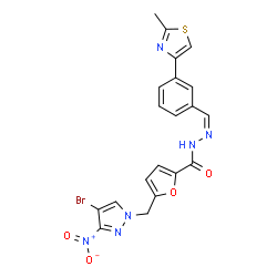 ChemSpider 2D Image | 5-[(4-Bromo-3-nitro-1H-pyrazol-1-yl)methyl]-N'-{(Z)-[3-(2-methyl-1,3-thiazol-4-yl)phenyl]methylene}-2-furohydrazide | C20H15BrN6O4S