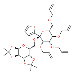 ChemSpider 2D Image | (3aR,5R,5aS,8aS,8bR)-2,2,7,7-Tetramethyl-5-({[(2R,3S,4S,5R,6R)-3,4,5-tris(allyloxy)-6-[(allyloxy)methyl]-2-(2-furyl)tetrahydro-2H-pyran-2-yl]oxy}methyl)tetrahydro-3aH-bis[1,3]dioxolo[4,5-b:4',5'-d]pyr
an | C34H48O12