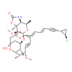 ChemSpider 2D Image | (3aS,4R,6S,7S,7aS)-6-{[(1R,5S,7E,9S,10S,11R,12S,13R)-5-{(1E,3E)-6-[(1S,2R)-2-Chlorocyclopropyl]-1,3-hexadien-5-yn-1-yl}-1-hydroxy-9-methoxy-7,10,12-trimethyl-3-oxo-4,15-dioxabicyclo[9.3.1]pentadec-7-e
n-13-yl]oxy}-7-methoxy-4,7a-dimethyltetrahydro-4H-pyrano[3,4-d][1,3]oxazol-2(3H)-one | C35H48ClNO10