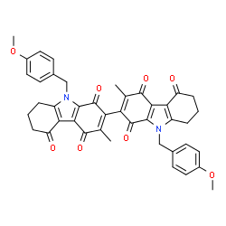 ChemSpider 2D Image | 9,9'-Bis(4-methoxybenzyl)-3,3'-dimethyl-6,6',7,7',8,8',9,9'-octahydro-1H,1'H-2,2'-bicarbazole-1,1',4,4',5,5'-hexone | C42H36N2O8