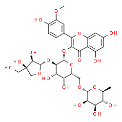 ChemSpider 2D Image | 5,7-Dihydroxy-2-(4-hydroxy-3-methoxyphenyl)-4-oxo-4H-chromen-3-yl 6-O-(6-deoxy-alpha-L-mannopyranosyl)-2-O-[(2S,3R,4R)-3,4-dihydroxy-4-(hydroxymethyl)tetrahydro-2-furanyl]-beta-D-galactopyranoside | C33H40O20