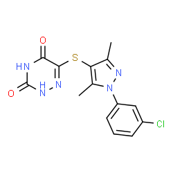 ChemSpider 2D Image | 6-{[1-(3-Chlorophenyl)-3,5-dimethyl-1H-pyrazol-4-yl]sulfanyl}-1,2,4-triazine-3,5(2H,4H)-dione | C14H12ClN5O2S