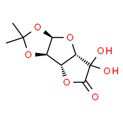 ChemSpider 2D Image | (3aR,3bR,6aS,7aR)-6,6-Dihydroxy-2,2-dimethyltetrahydrofuro[2',3':4,5]furo[2,3-d][1,3]dioxol-5(3bH)-one | C9H12O7