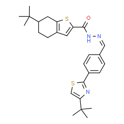 ChemSpider 2D Image | 6-(2-Methyl-2-propanyl)-N'-[(Z)-{4-[4-(2-methyl-2-propanyl)-1,3-thiazol-2-yl]phenyl}methylene]-4,5,6,7-tetrahydro-1-benzothiophene-2-carbohydrazide | C27H33N3OS2