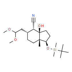 ChemSpider 2D Image | (1R,3aR,4R,5R,7aS)-5-(2,2-Dimethoxyethyl)-1-{[dimethyl(2-methyl-2-propanyl)silyl]oxy}-3a-hydroxy-7a-methyloctahydro-1H-indene-4-carbonitrile | C21H39NO4Si