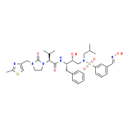 ChemSpider 2D Image | (2S)-N-{(2S,3R)-3-Hydroxy-4-[({3-[(E)-(hydroxyimino)methyl]phenyl}sulfonyl)(isobutyl)amino]-1-phenyl-2-butanyl}-3-methyl-2-{3-[(2-methyl-1,3-thiazol-4-yl)methyl]-2-oxo-1-imidazolidinyl}butanamide | C34H46N6O6S2