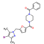 InChI=1/C22H23BrN4O3/c1-15-20(23)16(2)27(24-15)14-18-8-9-19(30-18)22(29)26-12-10-25(11-13-26)21(28)17-6-4-3-5-7-17/h3-9H,10-14H2,1-2H3