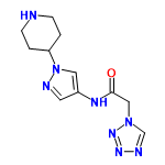 InChI=1/C11H16N8O/c20-11(7-18-8-13-16-17-18)15-9-5-14-19(6-9)10-1-3-12-4-2-10/h5-6,8,10,12H,1-4,7H2,(H,15,20)