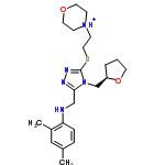 InChI=1/C22H33N5O2S/c1-17-5-6-20(18(2)14-17)23-15-21-24-25-22(27(21)16-19-4-3-10-29-19)30-13-9-26-7-11-28-12-8-26/h5-6,14,19,23H,3-4,7-13,15-16H2,1-2H3/p+1/t19-/m1/s1