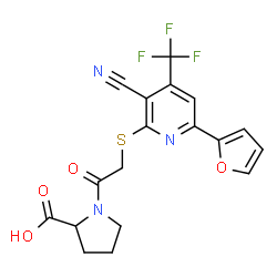 ChemSpider 2D Image | 1-({[3-Cyano-6-(2-furyl)-4-(trifluoromethyl)-2-pyridinyl]sulfanyl}acetyl)proline | C18H14F3N3O4S