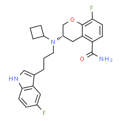 ChemSpider 2D Image | (3S)-3-{Cyclobutyl[3-(5-fluoro-1H-indol-3-yl)propyl]amino}-8-fluoro-5-chromanecarboxamide | C25H27F2N3O2