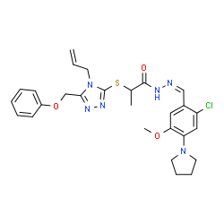 ChemSpider 2D Image | 2-{[4-Allyl-5-(phenoxymethyl)-4H-1,2,4-triazol-3-yl]sulfanyl}-N'-{(Z)-[2-chloro-5-methoxy-4-(1-pyrrolidinyl)phenyl]methylene}propanehydrazide | C27H31ClN6O3S
