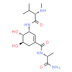 ChemSpider 2D Image | (3R,4R,5R)-N-[(2R)-1-Amino-1-oxo-2-propanyl]-4,5-dihydroxy-3-[(N-methyl-L-valyl)amino]-1-cyclohexene-1-carboxamide | C16H28N4O5