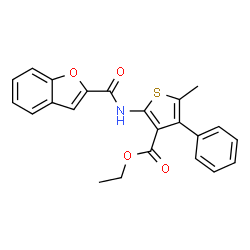 ChemSpider 2D Image | Ethyl 2-[(1-benzofuran-2-ylcarbonyl)amino]-5-methyl-4-phenylthiophene-3-carboxylate | C23H19NO4S