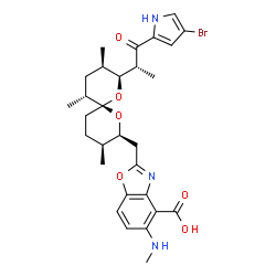 ChemSpider 2D Image | 2-({(2S,3S,6R,8S,9R,11R)-8-[(2R)-1-(4-Bromo-1H-pyrrol-2-yl)-1-oxo-2-propanyl]-3,9,11-trimethyl-1,7-dioxaspiro[5.5]undec-2-yl}methyl)-5-(methylamino)-1,3-benzoxazole-4-carboxylic acid | C29H36BrN3O6