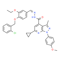 ChemSpider 2D Image | N'-[(Z)-{4-[(2-Chlorobenzyl)oxy]-3-ethoxyphenyl}methylene]-6-cyclopropyl-1-(4-methoxyphenyl)-3-methyl-1H-pyrazolo[3,4-b]pyridine-4-carbohydrazide | C34H32ClN5O4