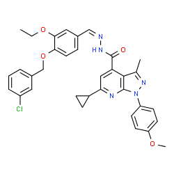 ChemSpider 2D Image | N'-[(Z)-{4-[(3-Chlorobenzyl)oxy]-3-ethoxyphenyl}methylene]-6-cyclopropyl-1-(4-methoxyphenyl)-3-methyl-1H-pyrazolo[3,4-b]pyridine-4-carbohydrazide | C34H32ClN5O4