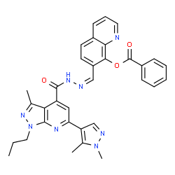 ChemSpider 2D Image | 7-[(Z)-({[6-(1,5-Dimethyl-1H-pyrazol-4-yl)-3-methyl-1-propyl-1H-pyrazolo[3,4-b]pyridin-4-yl]carbonyl}hydrazono)methyl]-8-quinolinyl benzoate | C33H30N8O3