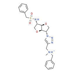 ChemSpider 2D Image | 1,4:3,6-Dianhydro-2-(4-{[benzyl(methyl)ammonio]methyl}-1H-1,2,3-triazol-1-yl)-5-[(benzylsulfonyl)amino]-2,5-dideoxy-L-iditol | C24H30N5O4S
