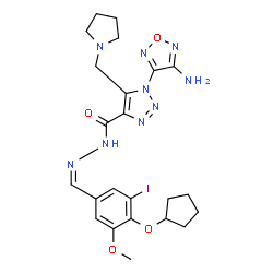 ChemSpider 2D Image | 1-(4-Amino-1,2,5-oxadiazol-3-yl)-N'-{(Z)-[4-(cyclopentyloxy)-3-iodo-5-methoxyphenyl]methylene}-5-(1-pyrrolidinylmethyl)-1H-1,2,3-triazole-4-carbohydrazide | C23H28IN9O4