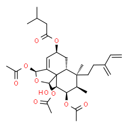 ChemSpider 2D Image | (1R,3S,5S,6aR,7R,8R,9R,10S)-1,3,9-Triacetoxy-10-hydroxy-7,8-dimethyl-7-(3-methylene-4-penten-1-yl)-3,5,6,6a,7,8,9,10-octahydronaphtho[1,8a-c]furan-5-yl 3-methylbutanoate | C31H44O10