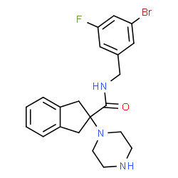 ChemSpider 2D Image | N-(3-Bromo-5-fluorobenzyl)-2-(1-piperazinyl)-2-indanecarboxamide | C21H23BrFN3O