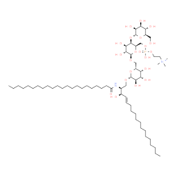 ChemSpider 2D Image | (2S,3R,4E)-2-(Docosanoylamino)-3-hydroxy-4-octadecen-1-yl alpha-D-mannopyranosyl-(1->4)-6-O-{hydroxy[2-(trimethylammonio)ethoxy]phosphoryl}-beta-D-galactopyranosyl-(1->6)-beta-D-galactopyranoside | C63H122N2O21P