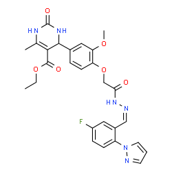 ChemSpider 2D Image | Ethyl 4-[4-(2-{(2Z)-2-[5-fluoro-2-(1H-pyrazol-1-yl)benzylidene]hydrazino}-2-oxoethoxy)-3-methoxyphenyl]-6-methyl-2-oxo-1,2,3,4-tetrahydro-5-pyrimidinecarboxylate | C27H27FN6O6