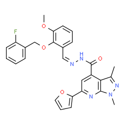 ChemSpider 2D Image | N'-[(Z)-{2-[(2-Fluorobenzyl)oxy]-3-methoxyphenyl}methylene]-6-(2-furyl)-1,3-dimethyl-1H-pyrazolo[3,4-b]pyridine-4-carbohydrazide | C28H24FN5O4