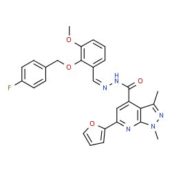 ChemSpider 2D Image | N'-[(Z)-{2-[(4-Fluorobenzyl)oxy]-3-methoxyphenyl}methylene]-6-(2-furyl)-1,3-dimethyl-1H-pyrazolo[3,4-b]pyridine-4-carbohydrazide | C28H24FN5O4
