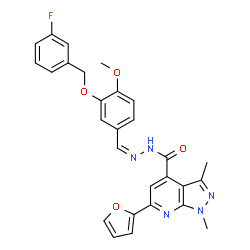 ChemSpider 2D Image | N'-[(Z)-{3-[(3-Fluorobenzyl)oxy]-4-methoxyphenyl}methylene]-6-(2-furyl)-1,3-dimethyl-1H-pyrazolo[3,4-b]pyridine-4-carbohydrazide | C28H24FN5O4