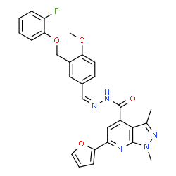 ChemSpider 2D Image | N'-[(Z)-{3-[(2-Fluorophenoxy)methyl]-4-methoxyphenyl}methylene]-6-(2-furyl)-1,3-dimethyl-1H-pyrazolo[3,4-b]pyridine-4-carbohydrazide | C28H24FN5O4