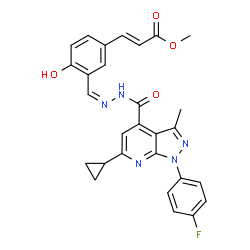 ChemSpider 2D Image | Methyl (2E)-3-{3-[(Z)-({[6-cyclopropyl-1-(4-fluorophenyl)-3-methyl-1H-pyrazolo[3,4-b]pyridin-4-yl]carbonyl}hydrazono)methyl]-4-hydroxyphenyl}acrylate | C28H24FN5O4