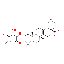 ChemSpider 2D Image | (4aS,6bR,12aR)-10-[(6-Deoxy-beta-D-allopyranosyl)oxy]-2,2,6b,9,9,12a-hexamethyl-1,3,4,5,6,6b,7,8,8a,9,10,11,12,12a,12b,13,14,14b-octadecahydro-4a(2H)-picenecarboxylic acid | C35H56O7
