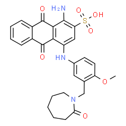 ChemSpider 2D Image | 1-Amino-4-({4-methoxy-3-[(2-oxo-1-azepanyl)methyl]phenyl}amino)-9,10-dioxo-9,10-dihydro-2-anthracenesulfonic acid | C28H27N3O7S