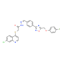 ChemSpider 2D Image | 2-[(7-Chloro-4-quinolinyl)sulfanyl]-N'-[(Z)-(4-{5-[(4-fluorophenoxy)methyl]-1,2,4-oxadiazol-3-yl}phenyl)methylene]acetohydrazide | C27H19ClFN5O3S