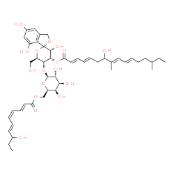 ChemSpider 2D Image | (3'R,4'S,5'R,6'R)-3',5,7-Trihydroxy-5'-({6-O-[(2E,4Z,6E)-8-hydroxy-2,4,6-decatrienoyl]-beta-D-galactopyranosyl}oxy)-6'-(hydroxymethyl)-3',4',5',6'-tetrahydro-3H-spiro[2-benzofuran-1,2'-pyran]-4'-yl (2
E,4E,8E,10E)-7-hydroxy-8,14-dimethyl-2,4,8,10-hexadecatetraenoate | C47H64O17
