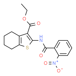 ChemSpider 2D Image | Ethyl 2-[(2-nitrobenzoyl)amino]-4,5,6,7-tetrahydro-1-benzothiophene-3-carboxylate | C18H18N2O5S