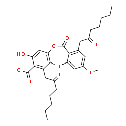 ChemSpider 2D Image | 8-Hydroxy-3-methoxy-11-oxo-1,6-bis(2-oxoheptyl)-11H-dibenzo[b,e][1,4]dioxepine-7-carboxylic acid | C29H34O9