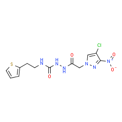 ChemSpider 2D Image | 2-[(4-Chloro-3-nitro-1H-pyrazol-1-yl)acetyl]-N-[2-(2-thienyl)ethyl]hydrazinecarboxamide | C12H13ClN6O4S
